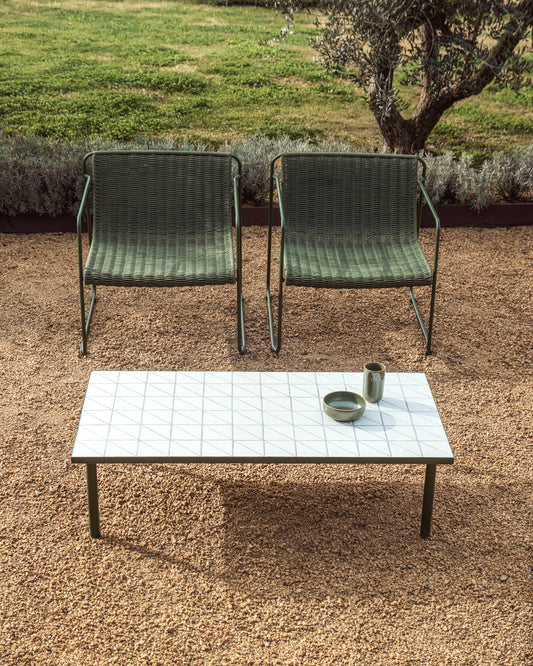 Maura's coffee table made of green galvanized steel structure and off-white tiles 122 x 61 cm