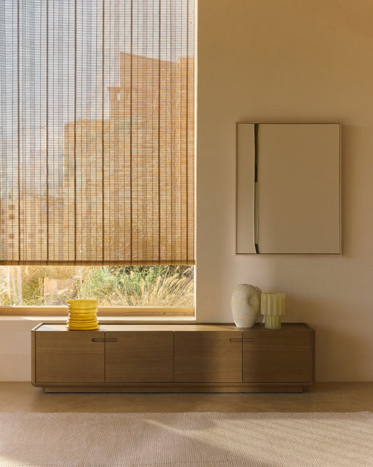 TV cabinet Arelida in veneer and solid oak wood, light brown finish, 200 x 44 cm