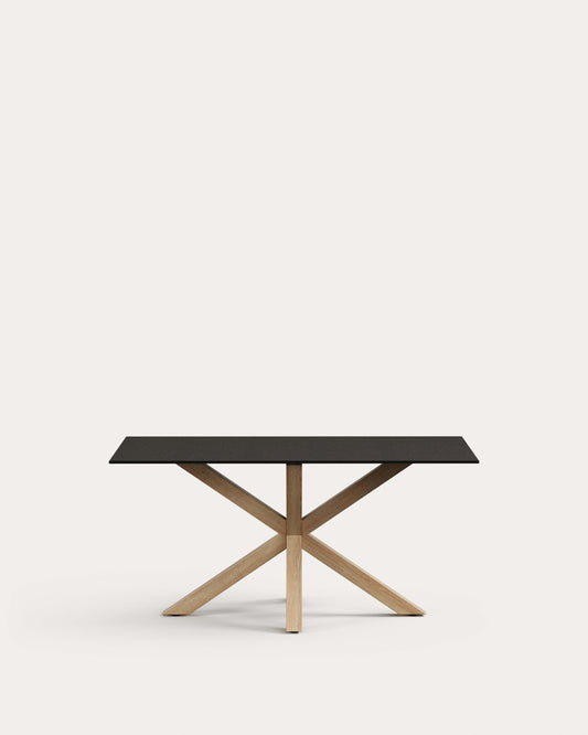 Argo table made of matte black glass and steel legs with wood effect 160 x 90 cm