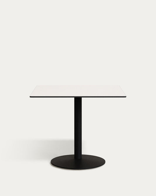 Esilda outdoor table in white with metal leg in a painted black finish, 90 x 90 x 70 cm