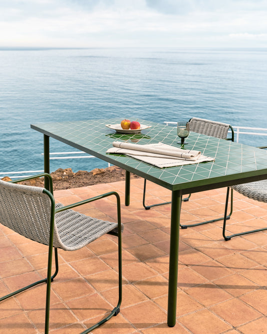 Maura outdoor table in green galvanized steel with green tiles 223 x 101 cm