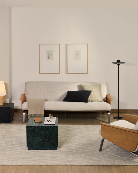 Amsen beige chenille three-seat sofa made of oak plywood with brushed stainless steel legs 205cm