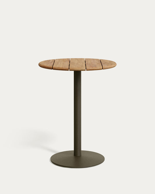 Esilda open high round table with FSC 100% acacia top Ø80cm and green steel base Ø55x96cm