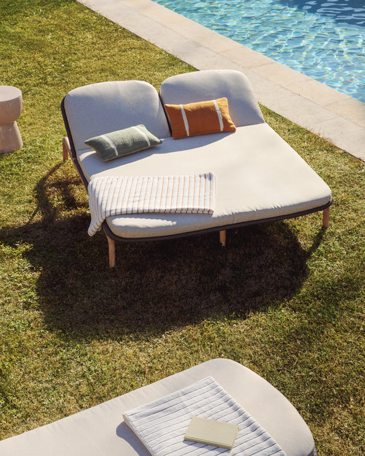 Double deckchair made of solid FSC 100% acacia wood and dark gray rope