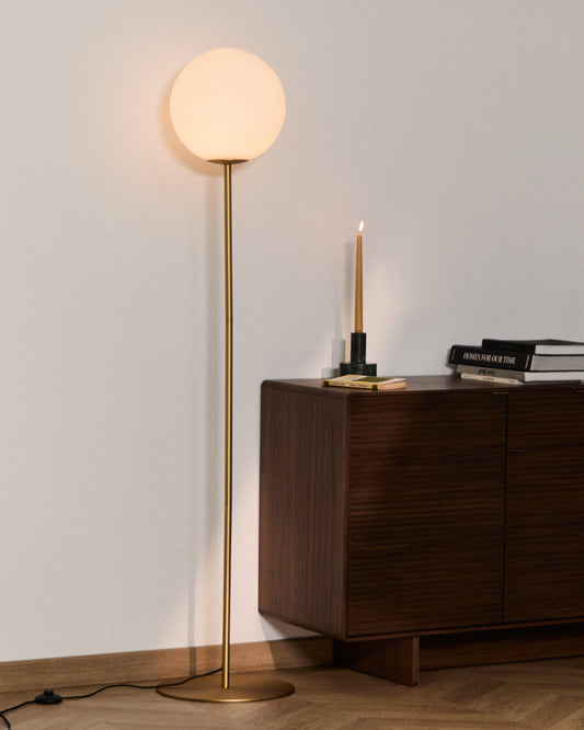 Brisia metal floor lamp with brushed brass finish and 1 matte glass ball Ø30cm