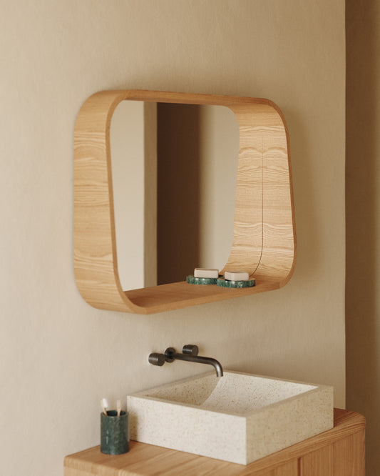 Salaya ash laminated mirror framed by plywood in natural finish, 90 x 60 cm