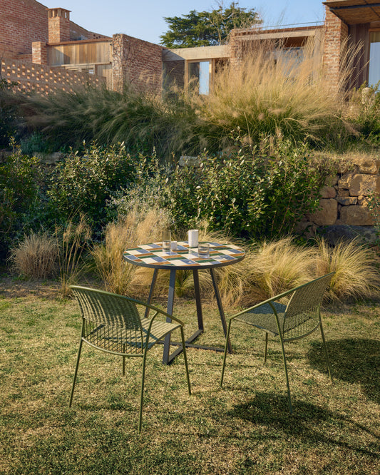 Tella round table made of graphite galvanized steel and multicolored tiles Ø90 cm