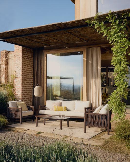 Aleria set: three-seater, 2 armchairs and a coffee table made of aluminum and synthetic rope, brown