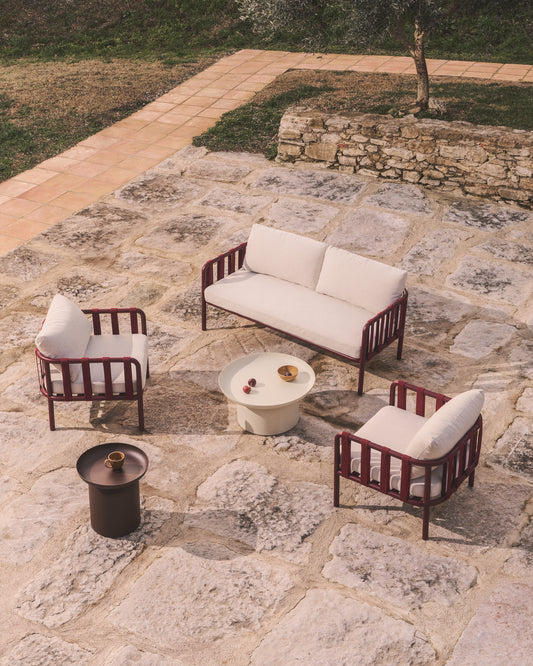 Omala set: two-seater and 2 armchairs made of rope and aluminum in burgundy color