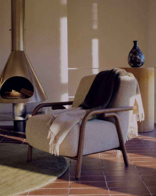 Sylo armchair in beige chenille with solid ash legs with walnut finish FSC 100%