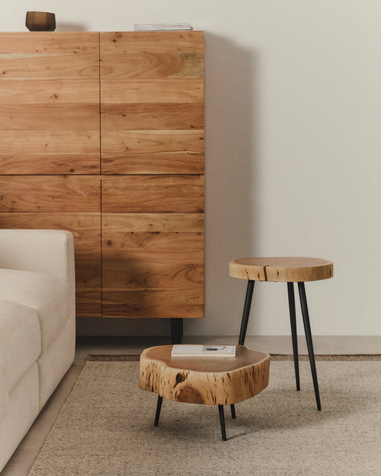 Tavine coffee table made of solid acacia with bleached finish and black steel legs Ø35 cm