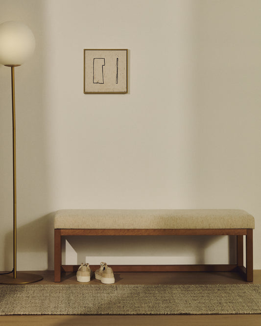 Loya bench in beige chenille and beech wood with walnut finish 128 cm