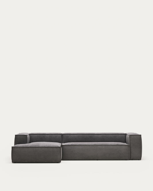 Block sofa with 4 seats with left side chaise longue in gray wide corduroy, 330 cm