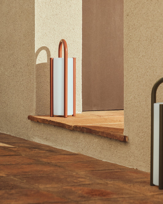 Large portable Leros table lamp made of polyethylene and terracotta color with metal part