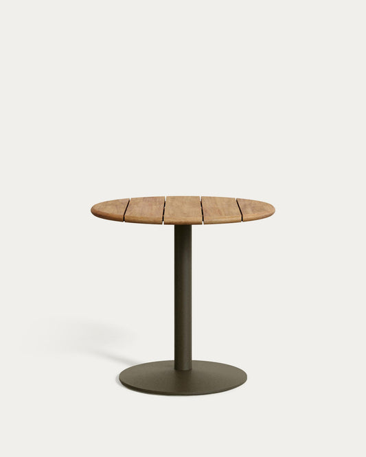 Esilda round outdoor table with FSC 100% acacia top Ø80cm and green steel base Ø55x72cm