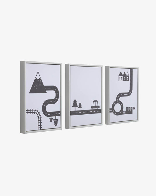 Set of 3 pictures of Nisi black cars in a white wooden frame