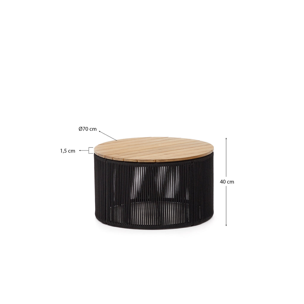 Dandara coffee table made of steel, black cord and solid acacia wood, Ø70 cm FSC 100%