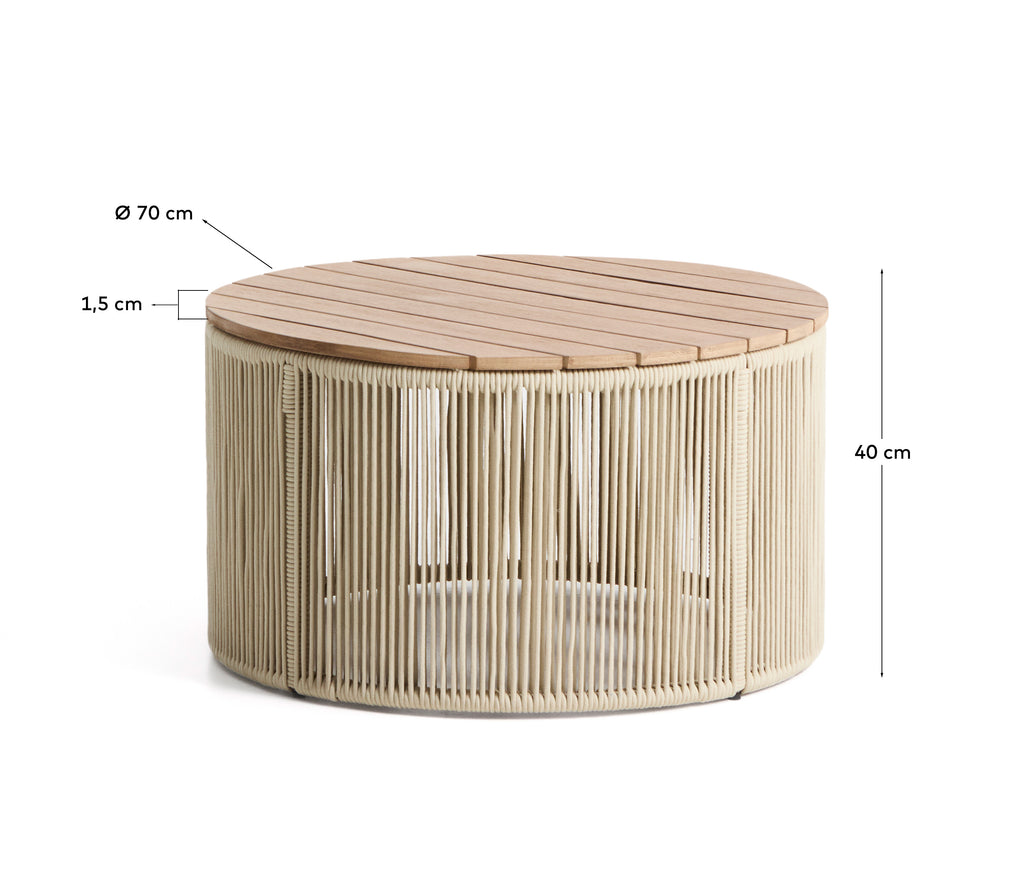 Club table Dandara made of steel, cord in natural (beige) color and solid acacia wood, Ø70 cm, FSC 100%.