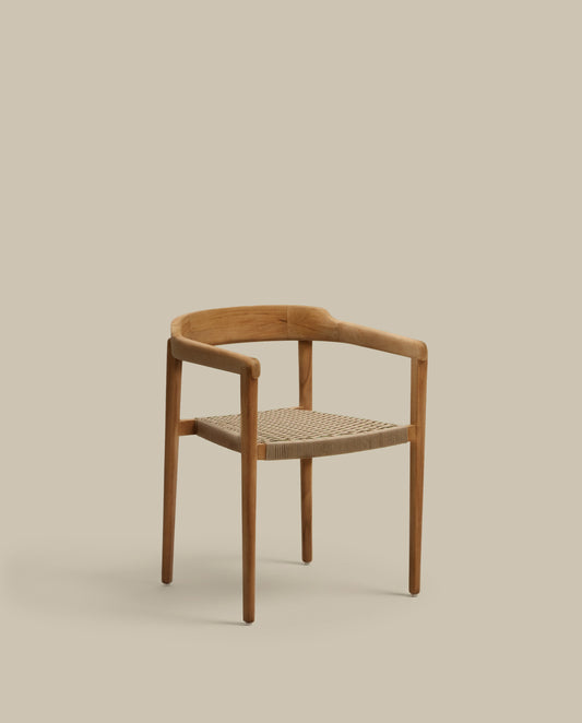 Icaro stackable chair in FSC 100% solid teak wood with natural finish and beige rope cord