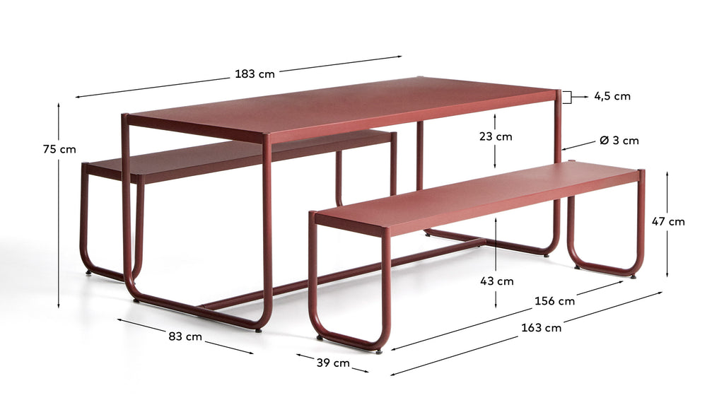 Sotil set od 2 klupe i pocinkovanog čeličnog stola sa granatnom završnom obradom 183 x 83 cm