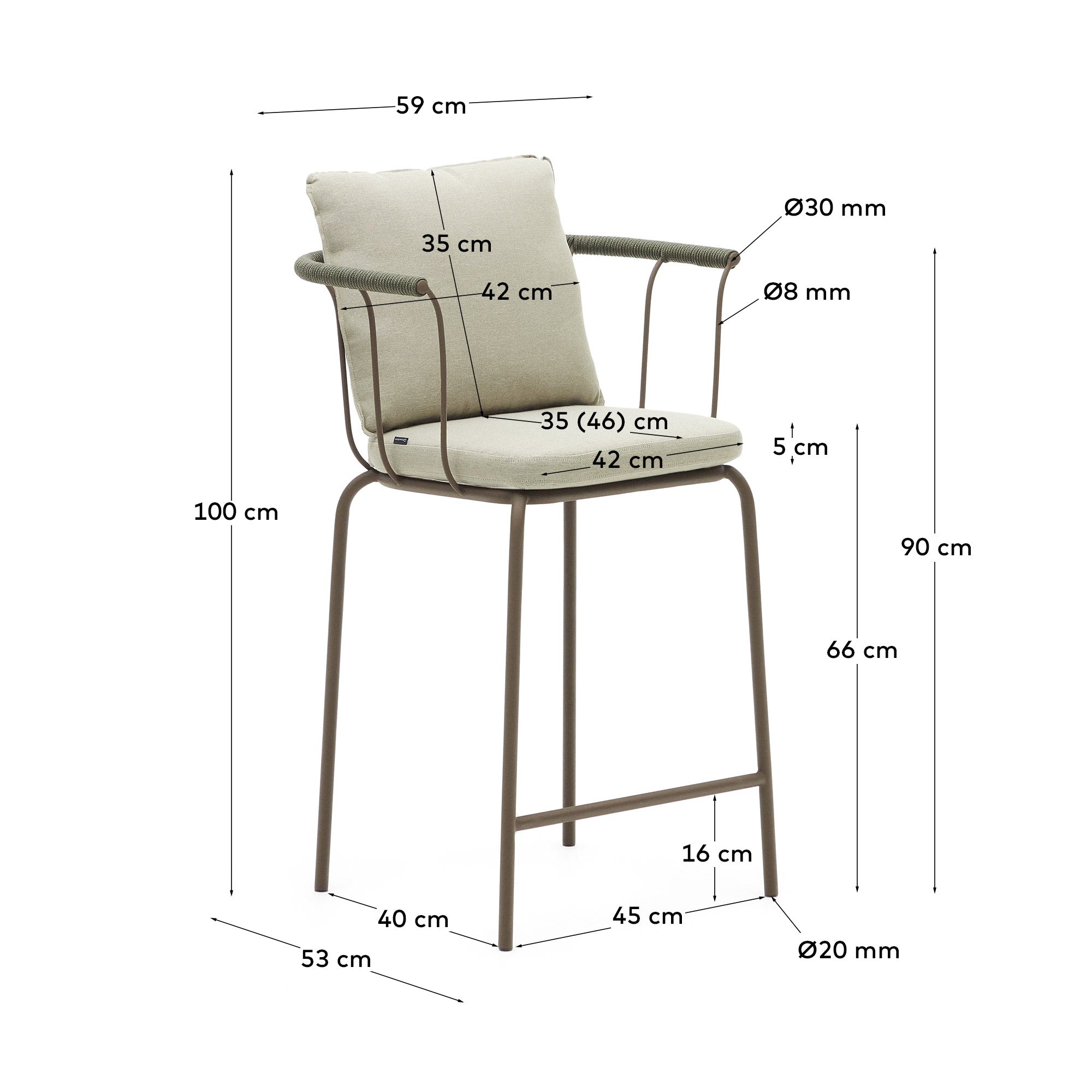 Salguer stackable stool in cord and steel with a brown painted finish, 66 cm