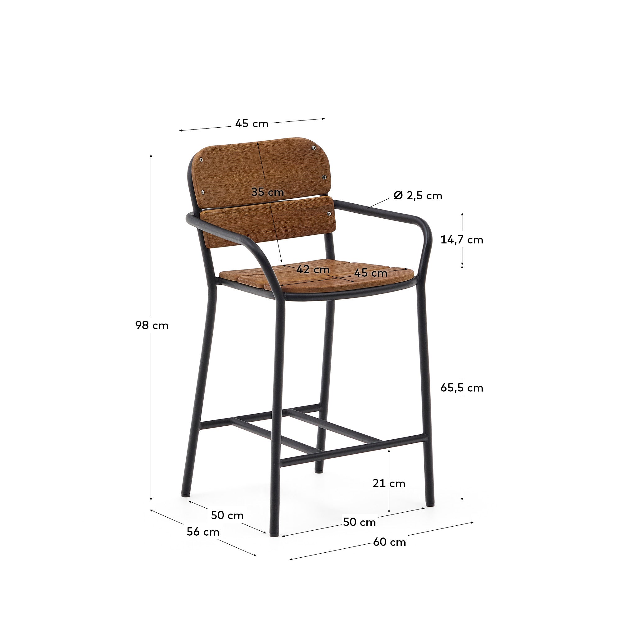 Algueret tabure od masivnog eukaliptusovog drveta sa prirodnom završnom obradom i crnim aluminijumom, 65 cm, FSC 100%