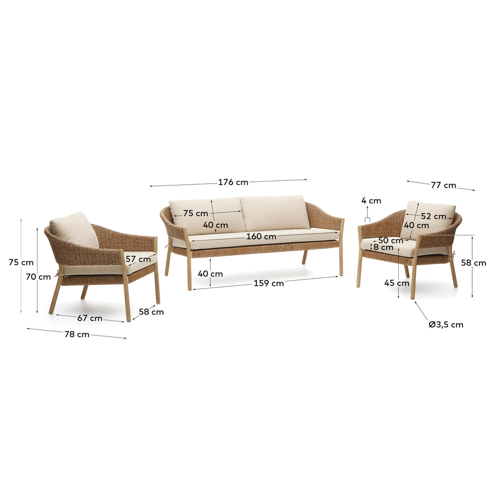 Pola set za slaganje, sofa sa 2 sedišta i 2 fotelje od čvrstog eukaliptusa i veštačkog ratana, FSC