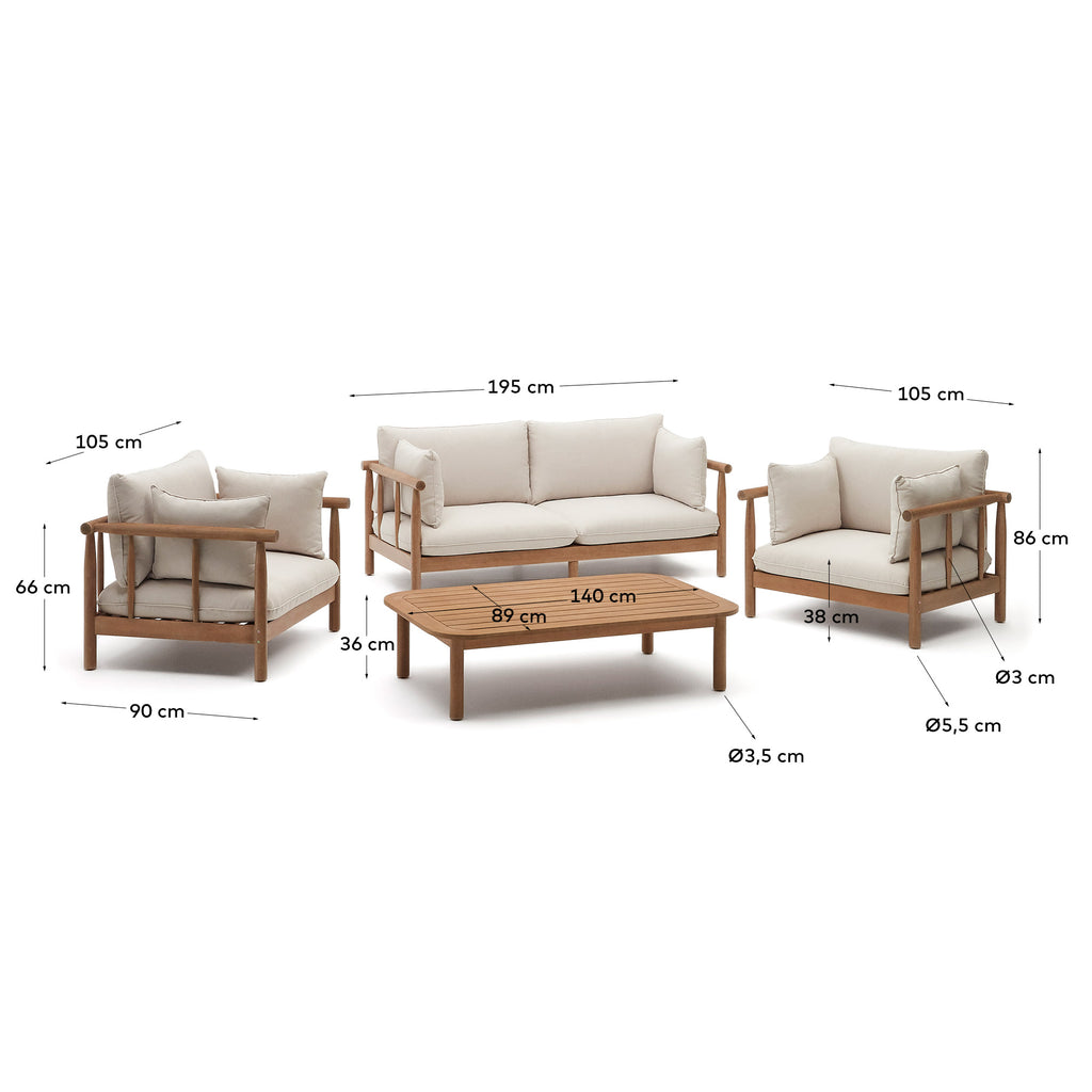 Sacova set of 2 armchairs, two-seater and coffee table in solid eucalyptus wood FSC