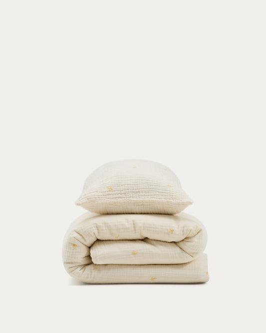 Dorani duvet cover and pillow case set in double-gauze cotton with embroidery detail for 70cm bed