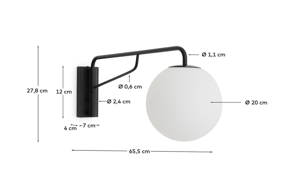 Eilo wall lamp made of black steel with a frosted glass ball