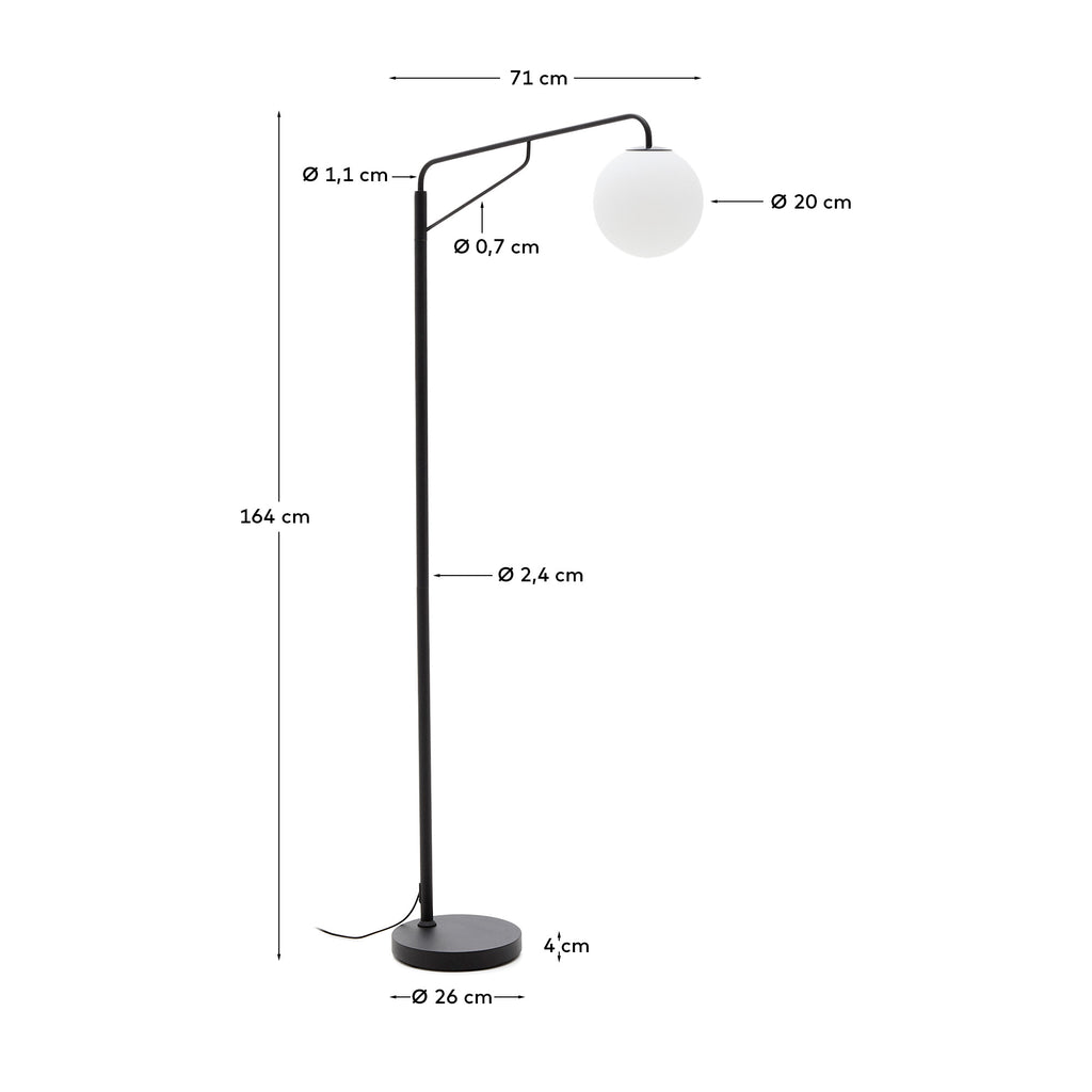 Eilo floor lamp made of black steel with a frosted glass ball