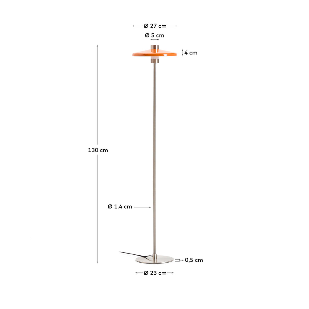 Nuvira floor lamp in light gray brushed metal base with orange lampshade