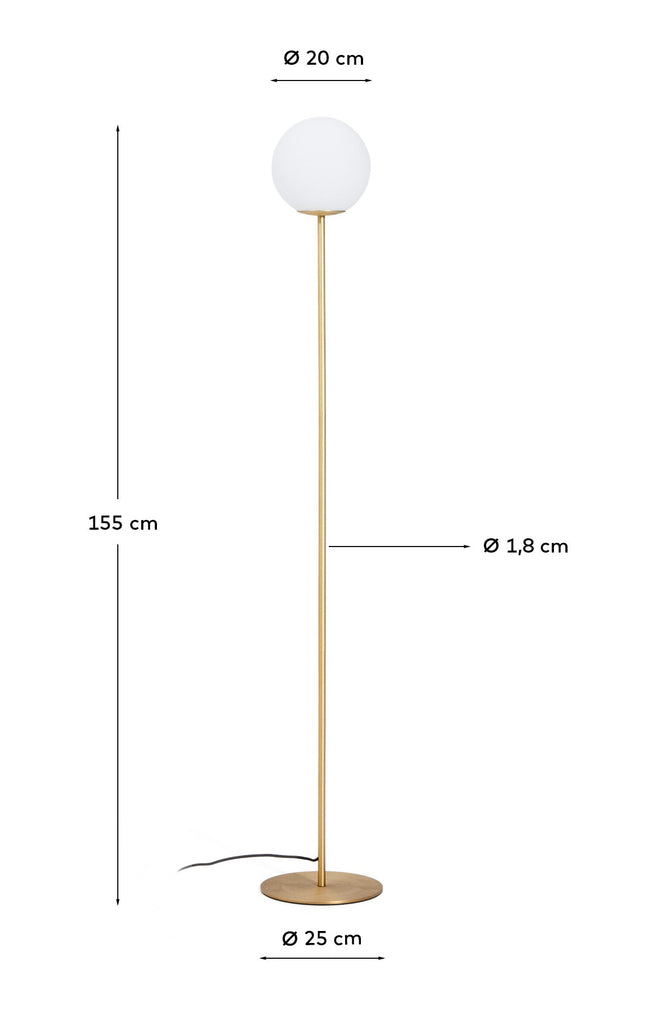 Brisia metal floor lamp, brushed brass, with one frosted glass globe Ø25 cm