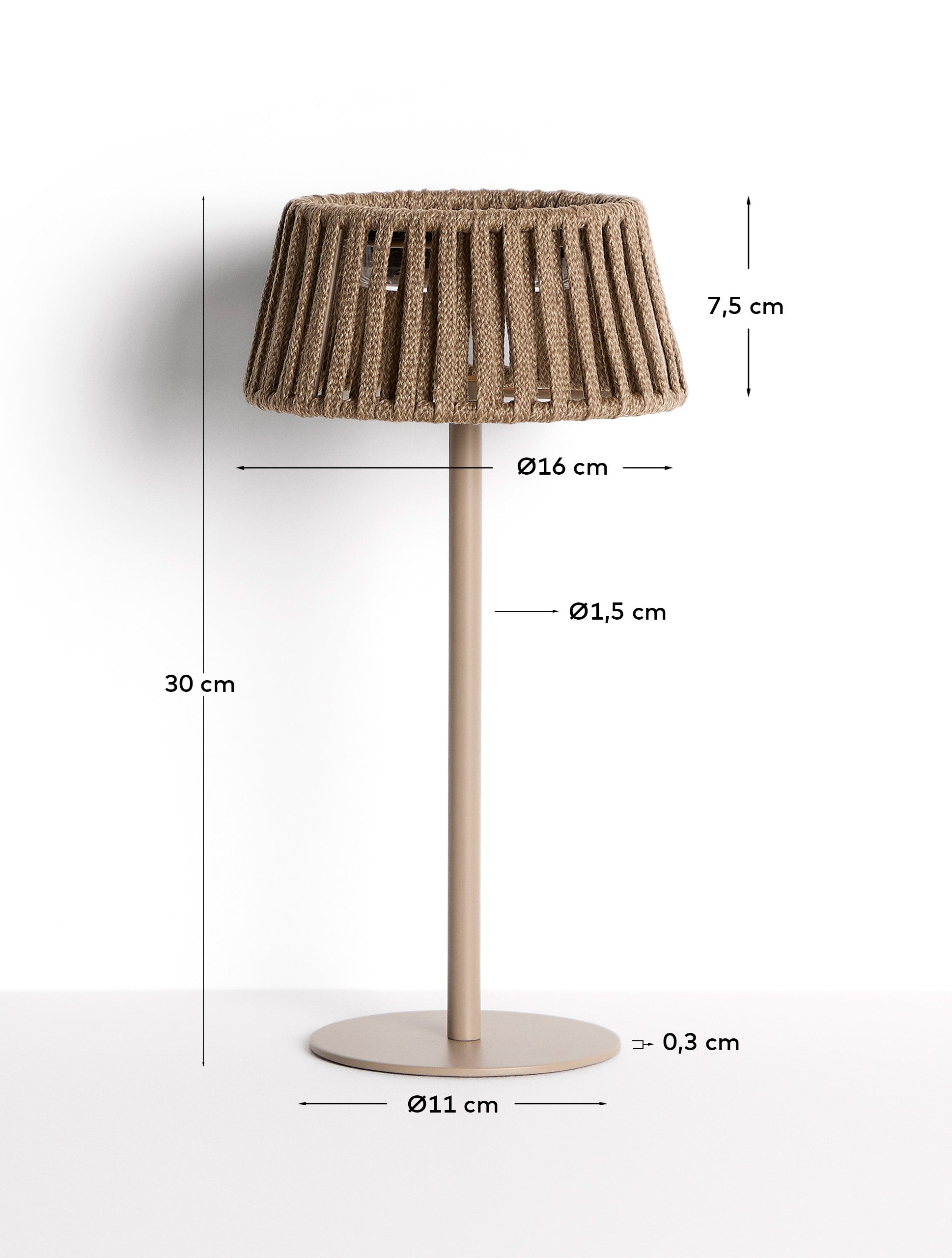 Aldet outdoor solar table lamp in beige flat rope cord with metal stand