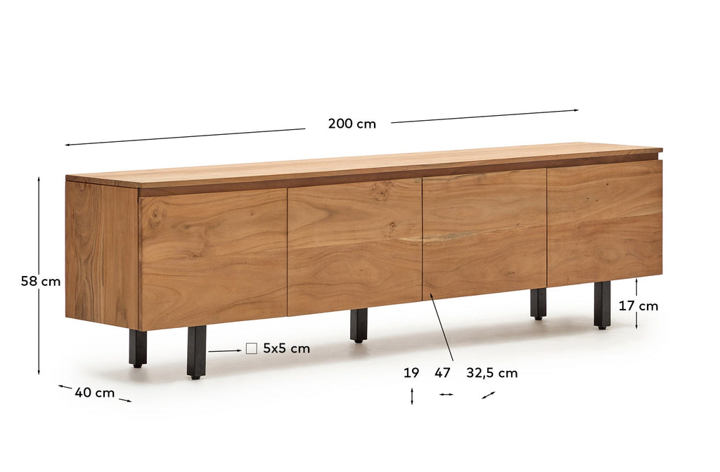 Uxue 4-seater TV cabinet with 4 doors in solid acacia wood with bleached finish 200 x 58 cm