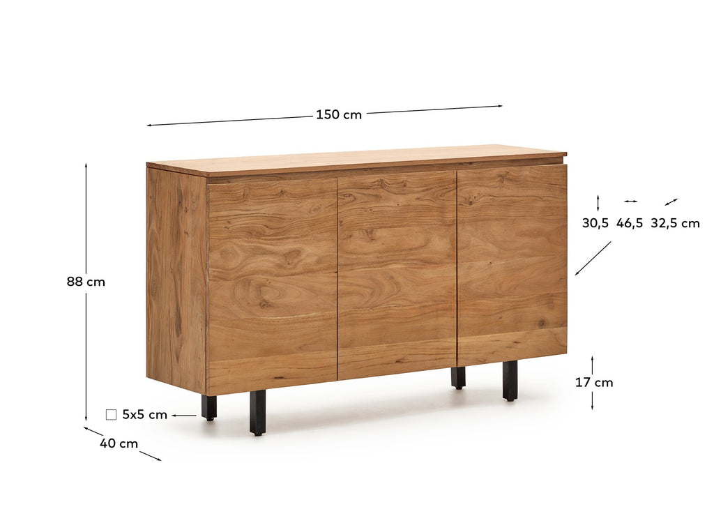 Uxue three-seater sideboard with 3 doors in solid acacia wood with bleached finish 150 x 88 cm