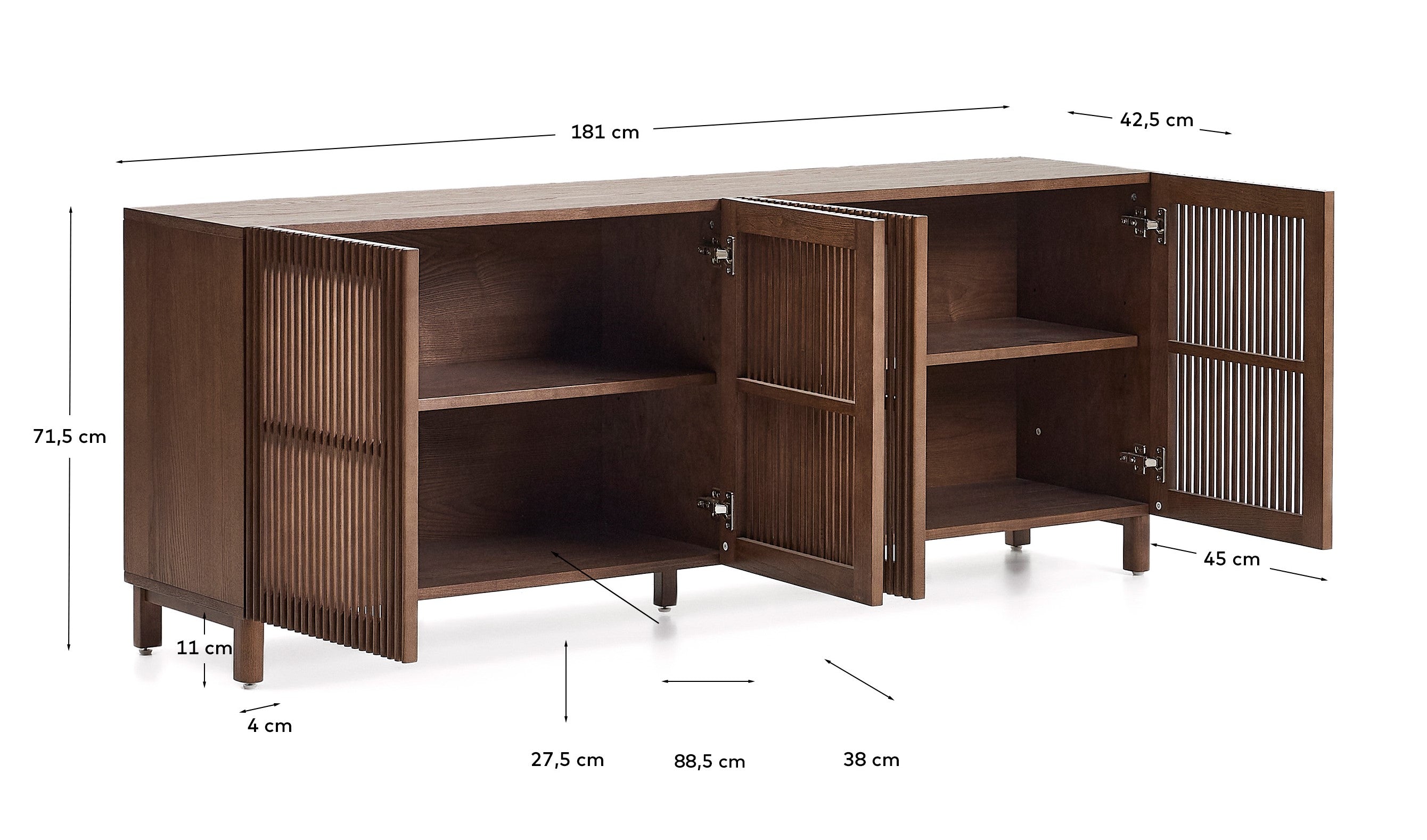 Beyla sideboard with 4 doors in ash veneer and solid ash wood with walnut-tone finish 180 x 71.5 cm FSC 100%