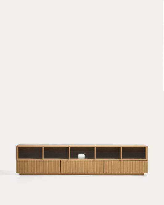 TV komoda Helvine 5 vrata i 3 fioke furnir hrasta i kaljeno staklo 242 x 54 cm FSC 100%