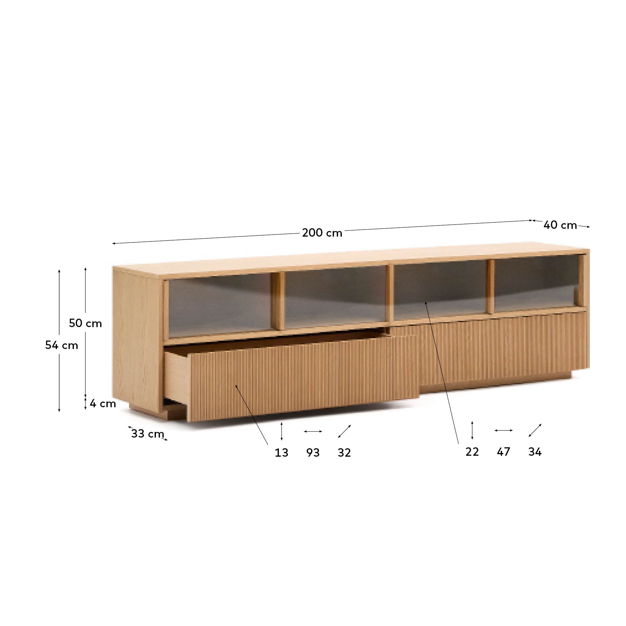 Helvine TV komoda sa 4 vrata i 2 fioke, od hrastovog furnira i kaljenog stakla, 200 x 54 cm, FSC 100%
