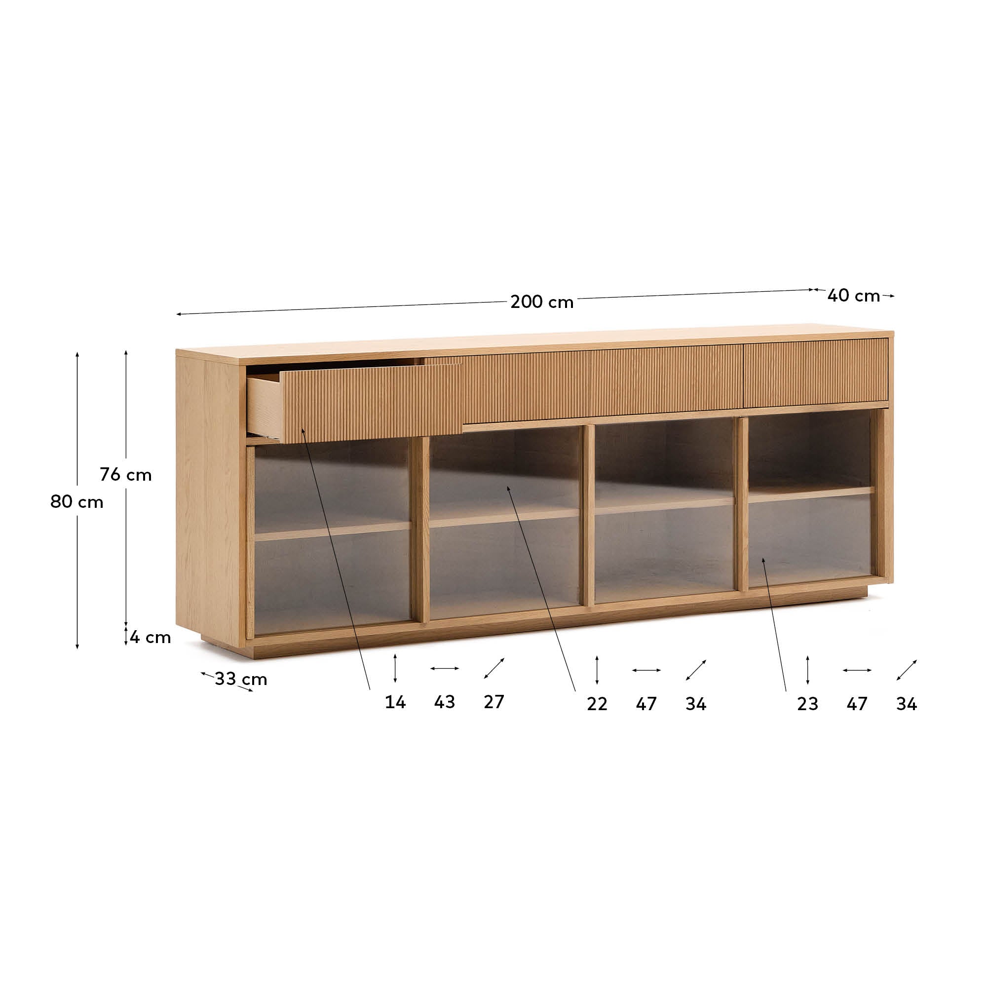 Helvine komoda sa 4 vrata i 4 fioke, od hrastovog furnira i kaljenog stakla, 200 x 80cm, FSC 100%