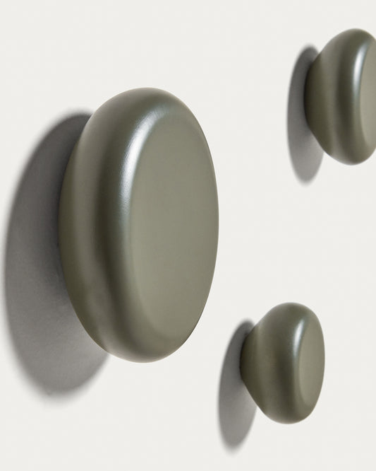 Nadue set of 3 wall hooks in solid beech wood with a green finish