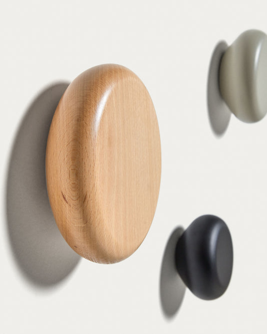Nadue set of 3 wall hooks in solid beech wood with natural, gray and black finishes