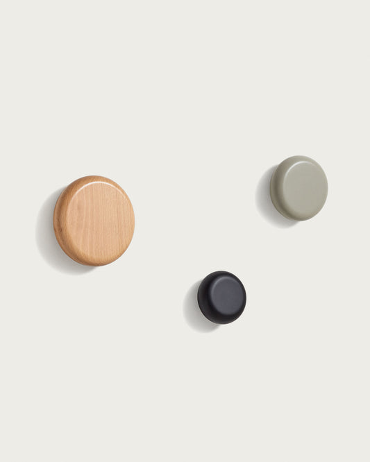 Nadue set od 3 zidne kuke od punog bukovog drveta sa prirodnom, sivom i crnom završnom obradom