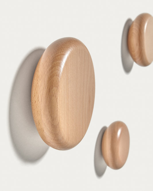 Nadue set of 3 wall hooks in solid beech wood with a natural finish