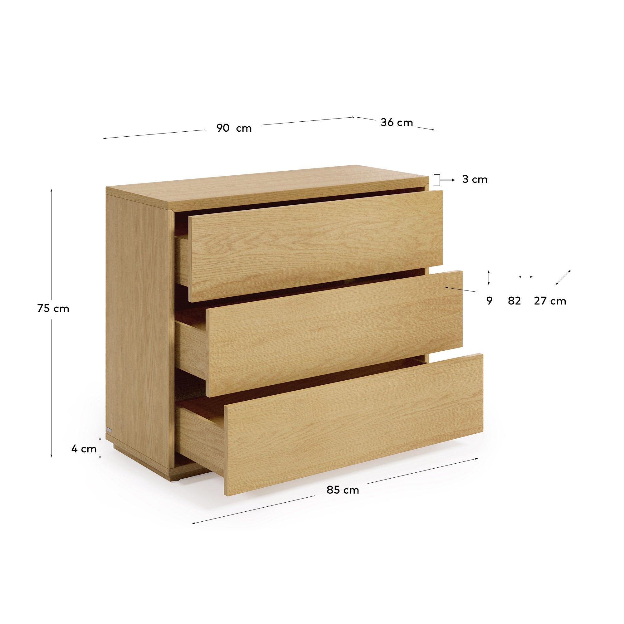 Abilen komoda sa 3 fioke od hrastovog furnira, 90 x 75 cm, FSC™ sertifikovano