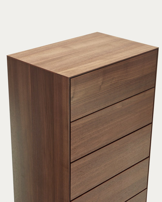 Vedrana 5 drawer chest of drawers in walnut veneer with black steel legs, 60 x 114 cm