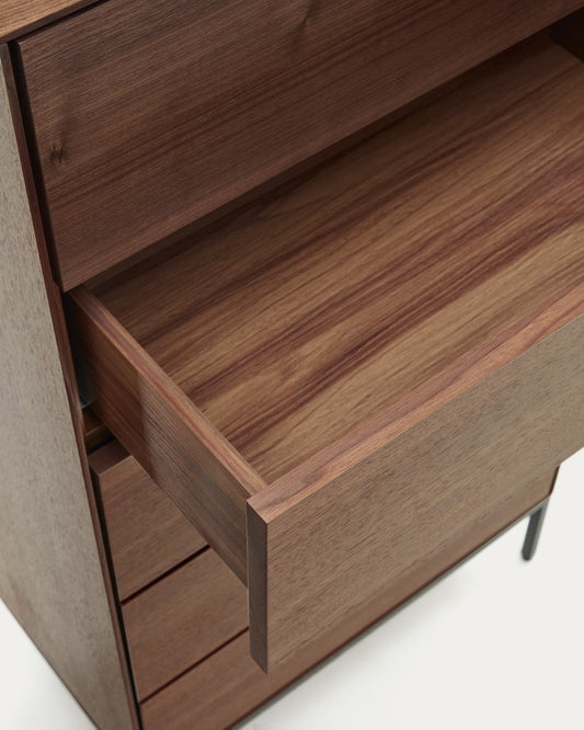 Vedrana 5 drawer chest of drawers in walnut veneer with black steel legs, 60 x 114 cm