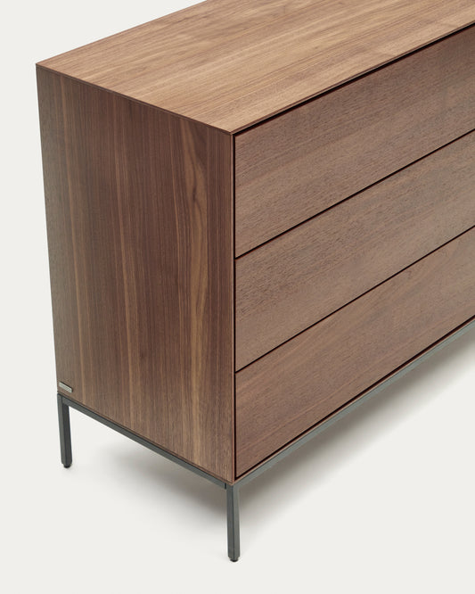 Vedrana 3 drawer chest of drawers in walnut veneer with black steel legs, 110 x 75 cm