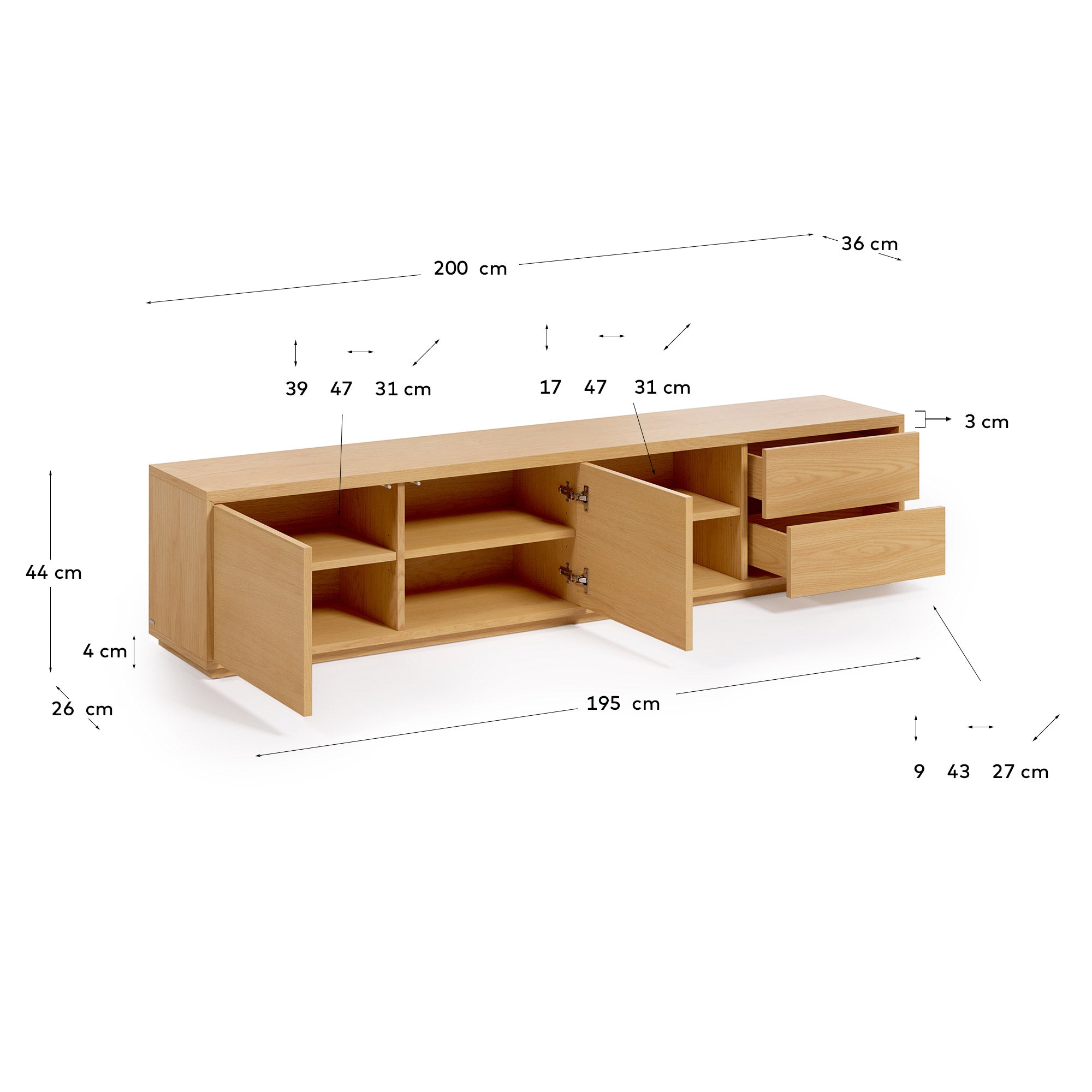 Abilen oak wood veneer 2 door TV stand with 2 drawers, 200 x 44 cm FSC 100%