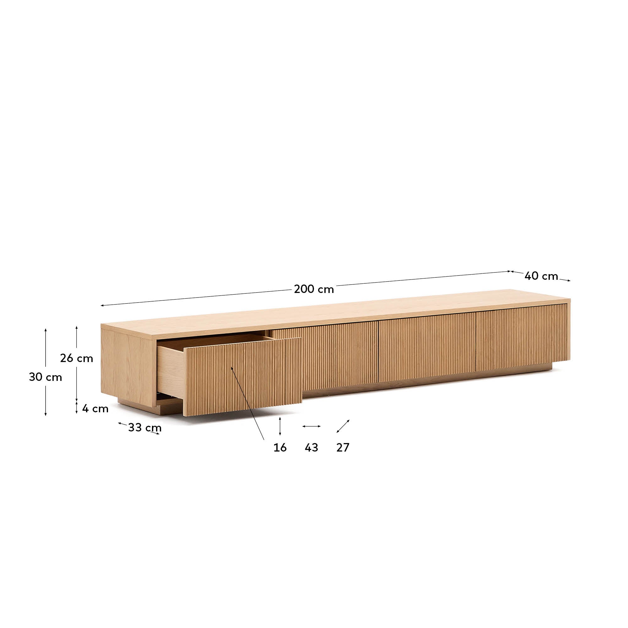 Helvine TV komoda sa 4 fioke od hrastovog furnira, 200 x 30 cm, FSC 100%